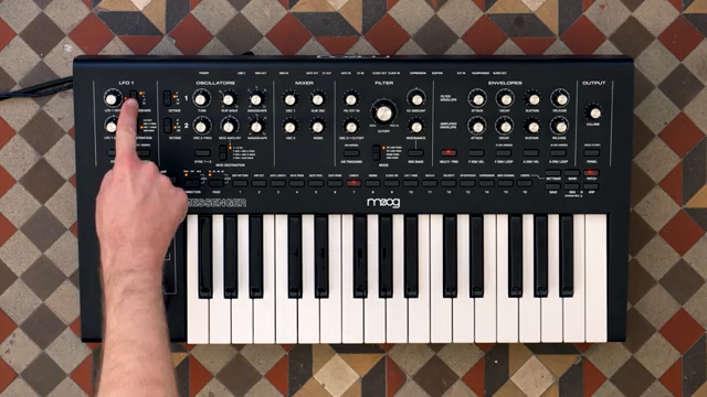 LFO1 has variable wave shapes and can be routed to multiple destinations directly on the panel.