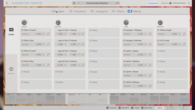 This panel offers deeper access to layers A and B, modulators, the arpeggiator, effects and macro customization.