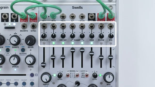 Each of the slider controls has a CV input, and the level input sends modulation to the input and mix controls.