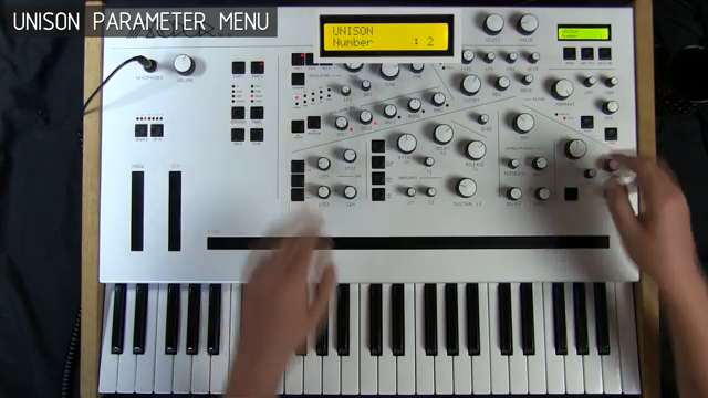 If you keep down the mode button for a second it jumps into this unison menu where all unison related parameters are listed up.