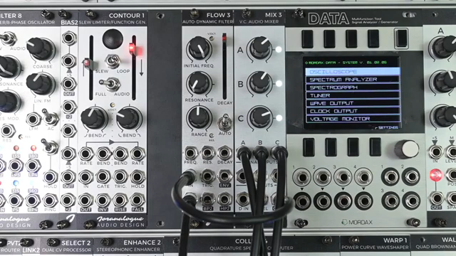 Currently I'm sending 3 VCOs into Mix 3 and the mix output here is sent to the input on Flow 3 and we're monitoring the low pass output.